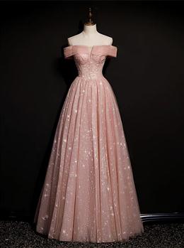 Picture of Off Shoulder Pink Tulle Long A-line Prom Dresses with Beadings, Pink Long Party Dresses Evening Dresses